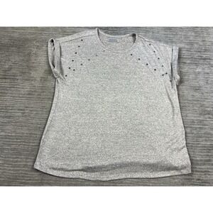 Linda Mathews Top Womens 1X Beige Knit Short Sleeve Studded Casual